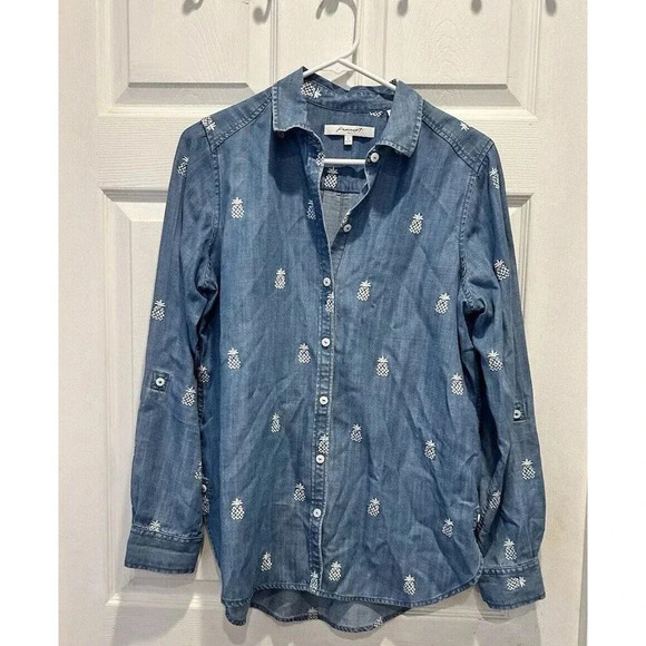 Foxcroft NYC Blue Tencel Lyocell Chambray Pineapple Roll Tab‎ Shirt Top US 6 - Picture 1 of 10